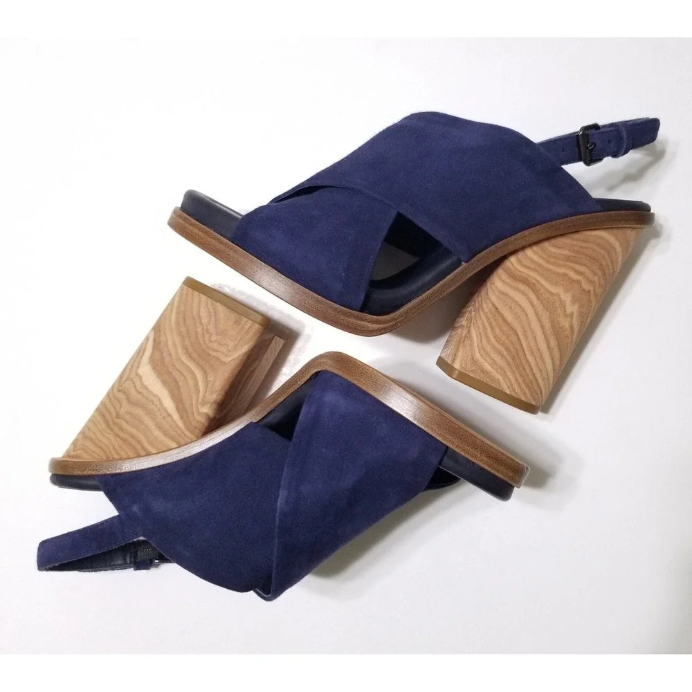 Vince Helena Suede Slingback Wooden Block Heel Sandals Indigo Blue NIB 6.5 7